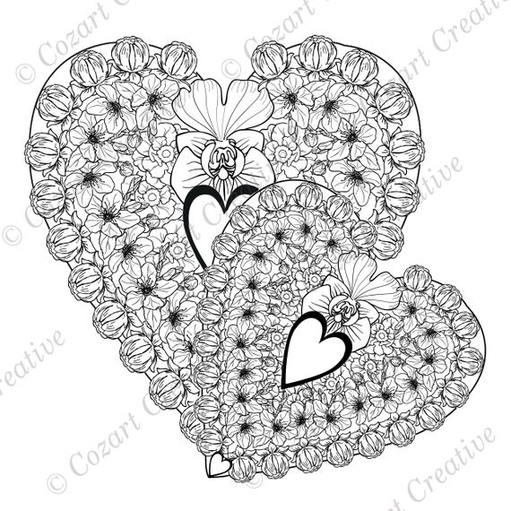 Two Hearts Coloring Page Finely Detailed Valentine Heart Etsy