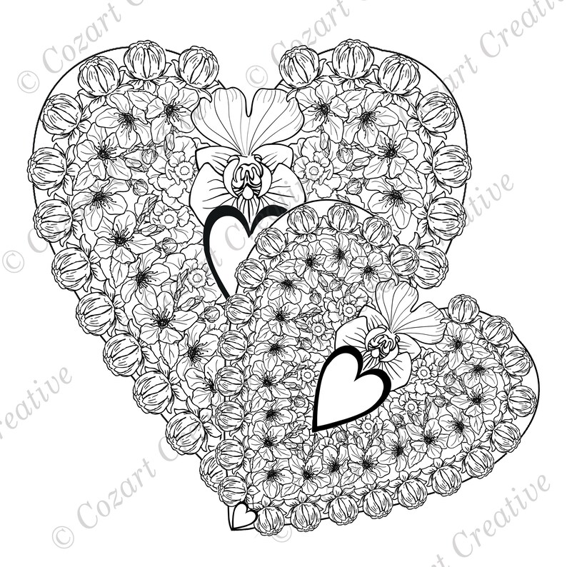 Two hearts coloring page. Finely detailed valentine heart | Etsy