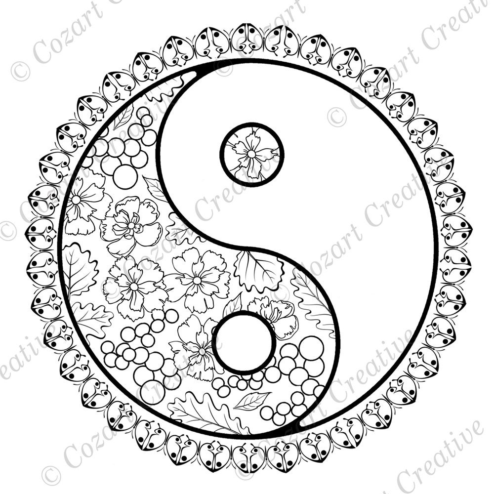 coloring page yin yang chinese symbol fusion flowers etsy