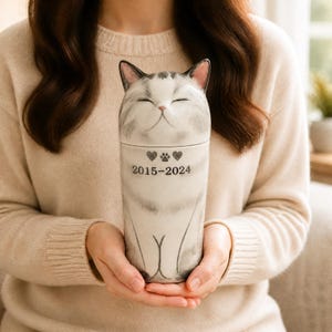 以下が含まれることがあります： グレーと白の塗装仕上げが施された、猫の形をした円筒形のペット用セラミック製骨壺。猫は目を閉じて穏やかな表情をしています。正面には2つのハートの間に肉球のマークと「2015-2024」という文字が刻まれています。