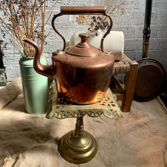 Vintage Copper Kettle and Brass Stand Folk Antique Farmhouse Etsy