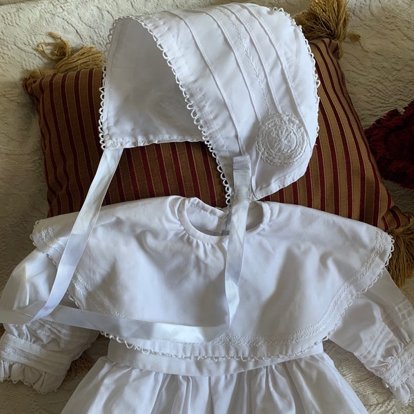 Vintage Antique Hand made embroidered stitched Bespoke child’s Boy Girl Baptism Christening white Gown and bonnet rustic prairie folk robe