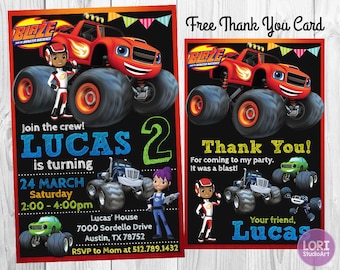 Blaze Monster Machines Invitation, Blaze Monster Machine Birthday, Party Invitations, Digital Invitations, Printable Invites, FREE Thank You