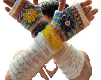 Women's mittens, bamboo wool mittens and crochet flowers