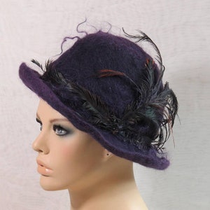 Purple Wool Cloche Hat with Wispy Feather Sprays, Vintage