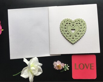 Handmade greeting card, hand painted heart greeting card, square hand embellished card, wooden heart greeting card