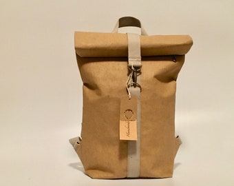 Roll-top Urban backpack "BEIGE" , Washable Paper Bag, Vegan Bag, Leather-like Paper, Notebook bag, Roll Up backpack, Non leather design