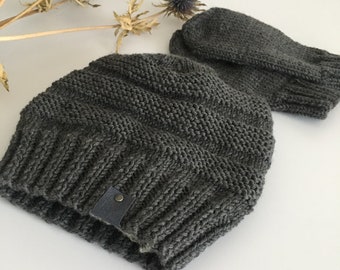 Hat and Gloves Set, Dark-grey set, Hand Knit Hat, Hand Knit Gloves, Mittens, Slouchy Hat, Knitted Women's Winter Hat and Gloves