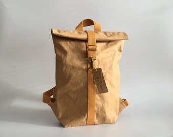 Roll-top Urban backpack "BRONZE" , Washable Paper Bag, Vegan Bag, Leather-like Paper, Notebook bag, Roll Up backpack, Non leather design