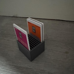 Puede incluir: Un tarjetero gris oscuro con un diseño ranurado, que contiene varias tarjetas. Las tarjetas tienen bordes blancos y presentan fondos rosas y naranjas con texto y gráficos. El soporte se encuentra sobre una superficie de madera.