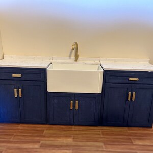 1:9 scale kitchen set, Navy Blue with faux marble top and gold hardware, includes 2 base cabinets and a sink cabinet