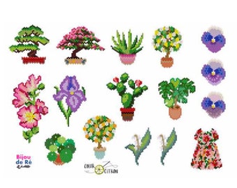Folleto de diagrama de puntada de ladrillo Corazón Limón Flores y plantas enjoyadas