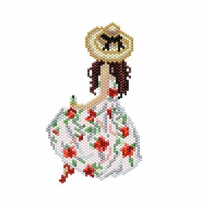 以下が含まれることがあります： 赤いバラと緑の葉で飾られた白いドレスを着た人物を描いたビーズアート。人物は黒いリボンが付いた麦わら帽子をかぶっています。アートワークは白い背景に設定されています。