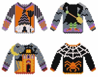 4 pulls de Halloween / tissage miyuki / diagramme miyuki / modèle miyuki / diagramme perles / tissage perles