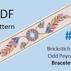 Peut inclure: Un patron PDF pour un bracelet en point de brique ou peyote impair. Le motif du bracelet présente un motif circulaire central avec des accents colorés et des motifs en forme de plumes dans des tons de bleu, rose et or. Le texte "PDF Pattern" et "#7" sont également visibles.