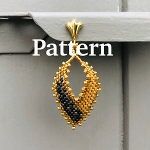May include: Gold-toned beaded earring with a teardrop design. The earring features a pattern of gold and black beads, with the word "Pattern" in white text. The earring is suspended from a gold-colored decorative element.