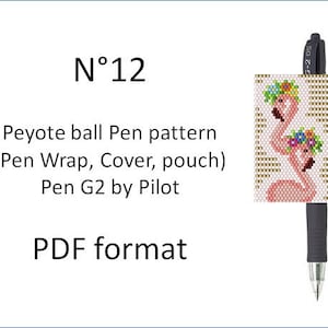 May include: A black pen with a beaded pen wrap featuring two pink flamingos wearing floral crowns. The image includes the text "N°12 Peyote ball Pen pattern (Pen Wrap, Cover, pouch) Pen G2 by Pilot PDF format."