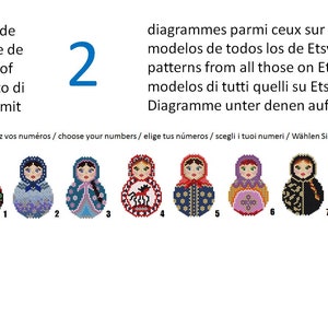 Peut inclure: Image présentant huit poupées russes Matryoshka colorées, chacune avec des motifs et des couleurs uniques, numérotées de 1 à 8. Le texte multilingue inclut "Choisissez vos numéros". Un grand chiffre bleu 2 est également visible.