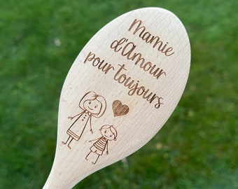 Cuillère en bois personnalisée, bois de hêtre écologique, cuillère de cuisine en bois, cadeau mamie maman nounou grand mère