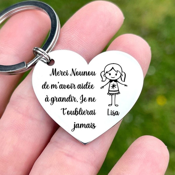 Cadeau nounou fin d'année, porte clé personnalisé en forme de coeur en inox, maitresse, maitre, maman, mamie...