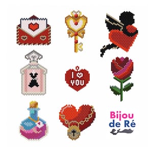 May include: Nine different Valentine's Day themed beaded jewelry designs. The designs include a heart with a key, a heart with a lock, a rose, a perfume bottle, a love letter, a heart with the words "I love you", a potion bottle, and a cupid holding a heart.