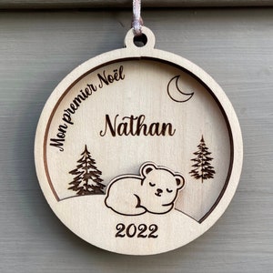Personalized wooden Christmas ball, bear motif, ideal Christmas gift 2022 to wish a baby's first Christmas
