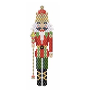 May include: A beaded nutcracker ornament with a red and green uniform, a gold crown, and a gold and white staff.