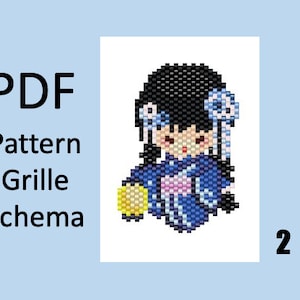 Puede incluir: Esquema de rejilla de patrón PDF para una muñeca de cuentas con cabello negro, un vestido azul y blanco y una flor amarilla en la mano. El número 2 está en la esquina inferior derecha de la imagen.
