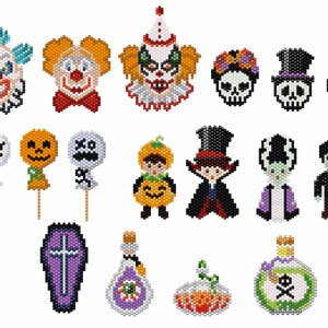 Può includere: Un set di 16 sprite di perline a tema Halloween, che include una varietà di personaggi come clown, zucche, fantasmi e scheletri. Gli sprite sono realizzati con perline colorate e sono perfetti per aggiungere un tocco spettrale a qualsiasi progetto artigianale.
