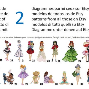 Peut inclure: Image présentant des modèles de point de croix avec des personnages variés, dont des femmes en robes et des couples. Le texte "Lot de" et "Choisissez vos numéros" est inclus. Le chiffre "2" est visible.