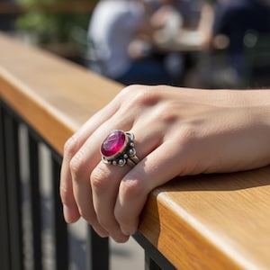 Vintage 90s Brass Statement Ring | Ruby or Green Amethyst (Size 9)
