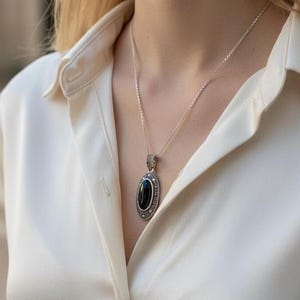 Oltu Jet Stone Necklace 925 Silver | Turkish Black Stone Marcasite | Classic Gift for Her