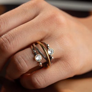 Sterling Silver CZ Duo Ring | Handcrafted Layered Look, Gold & Oxidized Bands