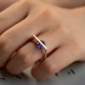 Handmade Sterling Silver Asymmetric Ring – Purple Cubic Zirconia Artisan Statement Ring