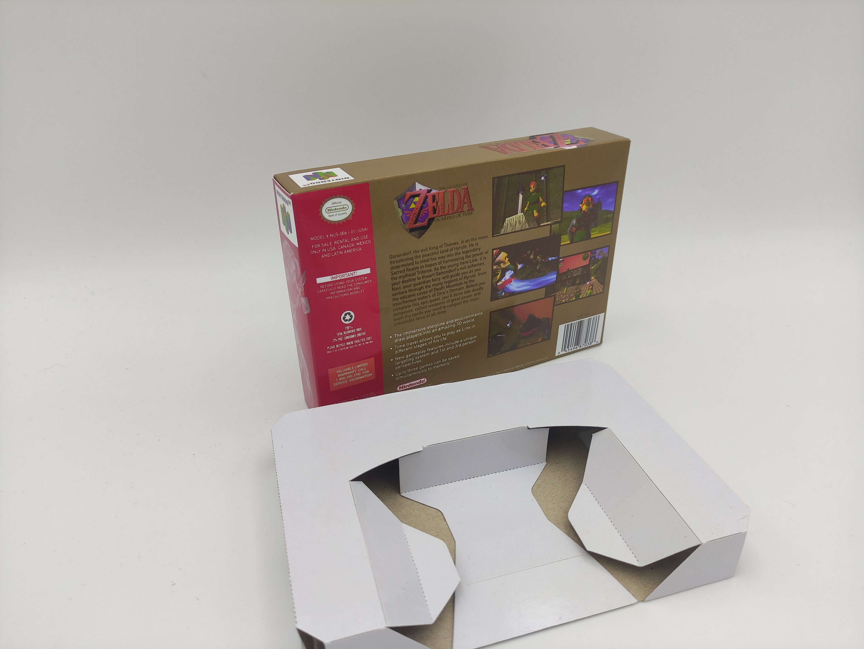 The Legend of Zelda Ocarina of Time Replacement Box, Manual, Inner Tray  NTSC, PAL or Australian PAL Nintendo 64 Thick Cardboard. 