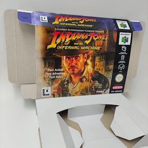 Indiana Jones and the Infernal Machine – doos met optie voor binnenlade – NTSC- of PAL-regio – dik karton zoals in het origineel. N64.