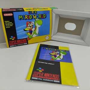 Super Mario World - NTSC of PAL - vervangende doos, handleiding, binnenlade - SNES - dik karton zoals in het origineel.
