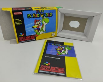 Super Mario World - NTSC or PAL - Replacement Box, Manual, Inner Tray - SNES/ Super Nintendo - thick cardboard as in the original.