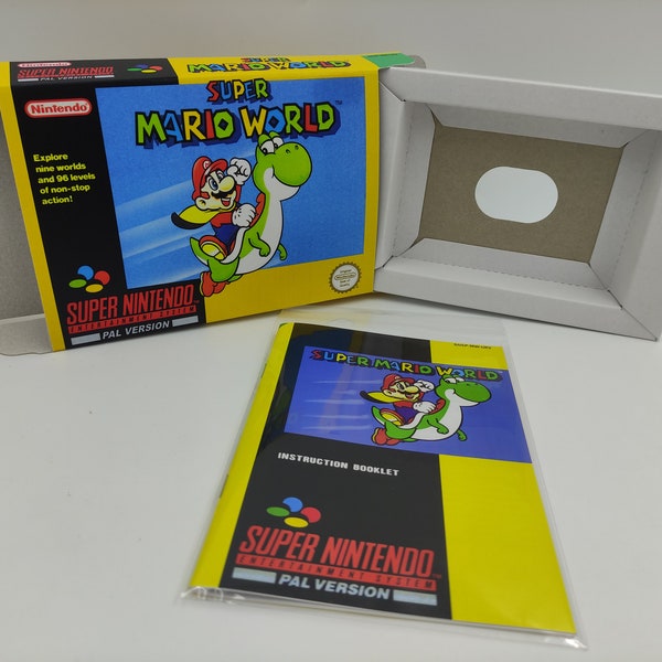 Super Mario World - NTSC or PAL - Replacement Box, Manual, Inner Tray - SNES/ Super Nintendo - thick cardboard as in the original.