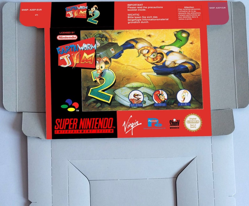 Earthworm Jim 2 Boîte de remplacement avec option plateau intérieur PAL ou NTSC Super Nintendo/ SNES carton épais. PAL