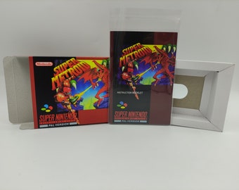 Super Metroid - Boîte de rechange, manuel, plateau intérieur - PAL ou NTSC - SNES - carton épais comme dans l'original. Qualité supérieure !