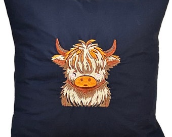 Highland Cow Embroidered Cushion Cover, Navy Cotton, Home Decor