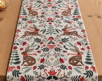 Camino de mesa navideño escandinavo con diseño de conejo, 100% algodón, liebre nórdica, decoración.
