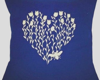 Gold Embroidered Bee Heart: Cushion Cover, Cotton Throw Pillow, NAVY BLUE