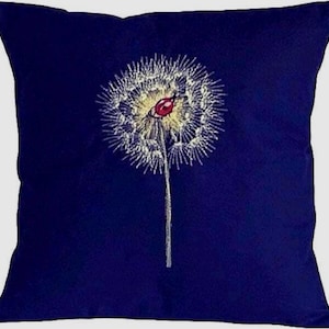 Dandelion and Ladybird, Embroidered, Cushion Cover, NAVY,  12”, 14”, 16”, 18”, Gift Idea