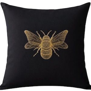 Gold Embroidered Bee, Black Cotton Cushion Cover, 100% Cotton, Various Sizes
