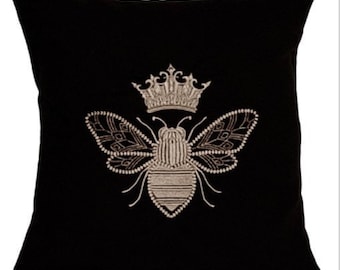 Gestickte Queen Bee Kissenhülle, Schwarzes Baumwollkissen