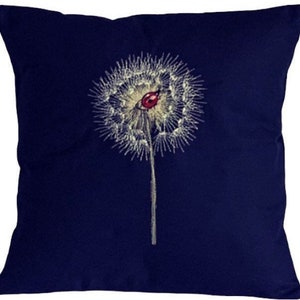 Dandelion and Ladybird, Embroidered, Cushion Cover, NAVY,  12”, 14”, 16”, 18”, **Last Two**, Gift Idea