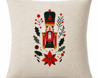 Christmas, Nutcracker, Embroidered, 12”x12”, Cotton Cushion Cover