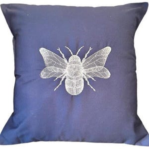 Embroidered Bee Cotton Cushion Cover, Metallic Silver on Navy